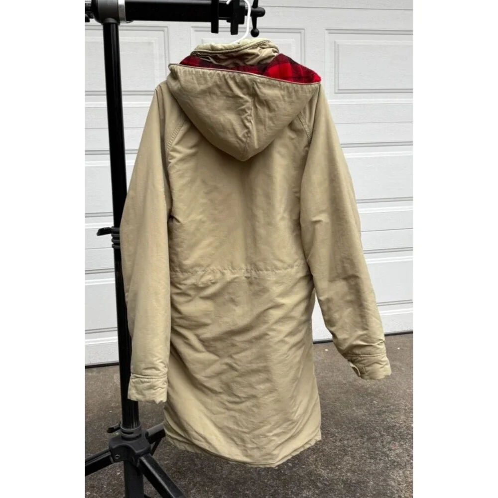 Vintage Lands End Parka Mens M Made USA Wool Plaid Lined Hooded Tan Coat